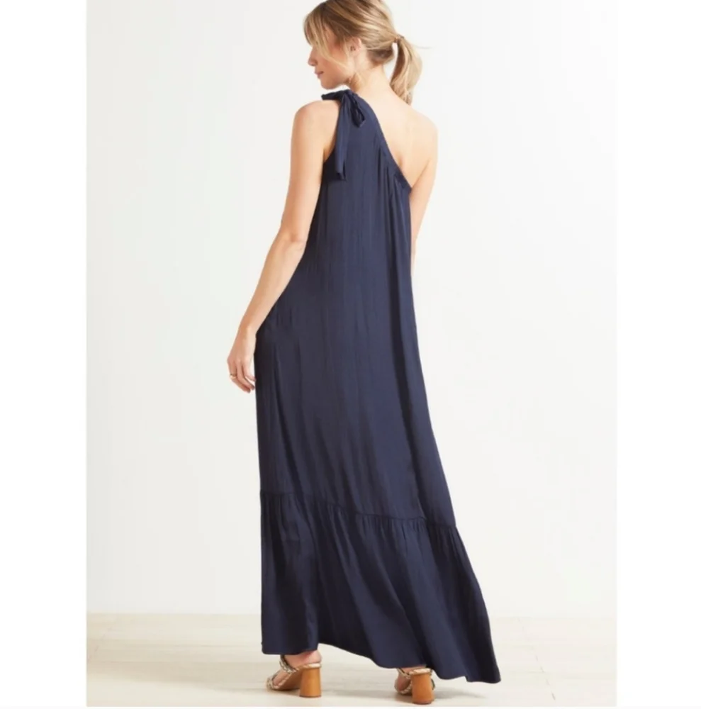 Evereve Hadley One Shoulder Maxi Dress women's small navy blue tiered satin - Picture 3 of 10